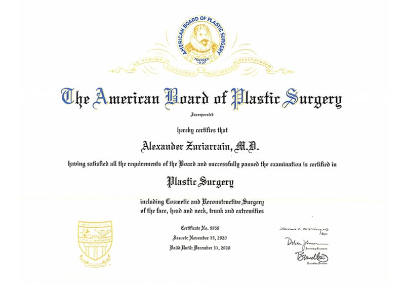 The American Board of Plastic Surgery Dr. Alexander Zuriarrain cert