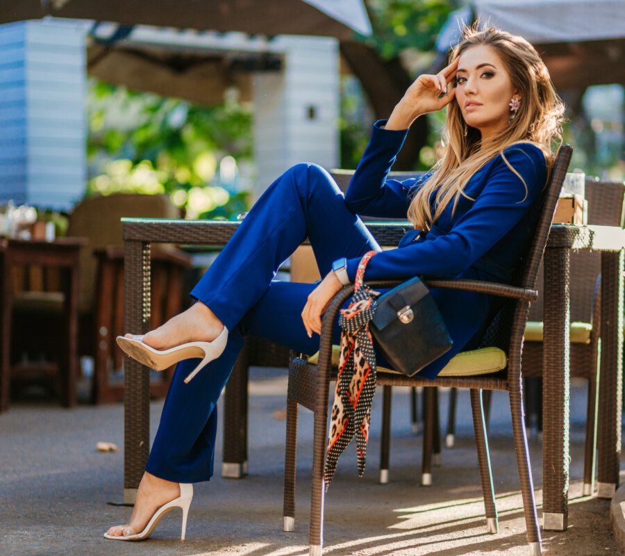 Miami wellness center model in blue outfit